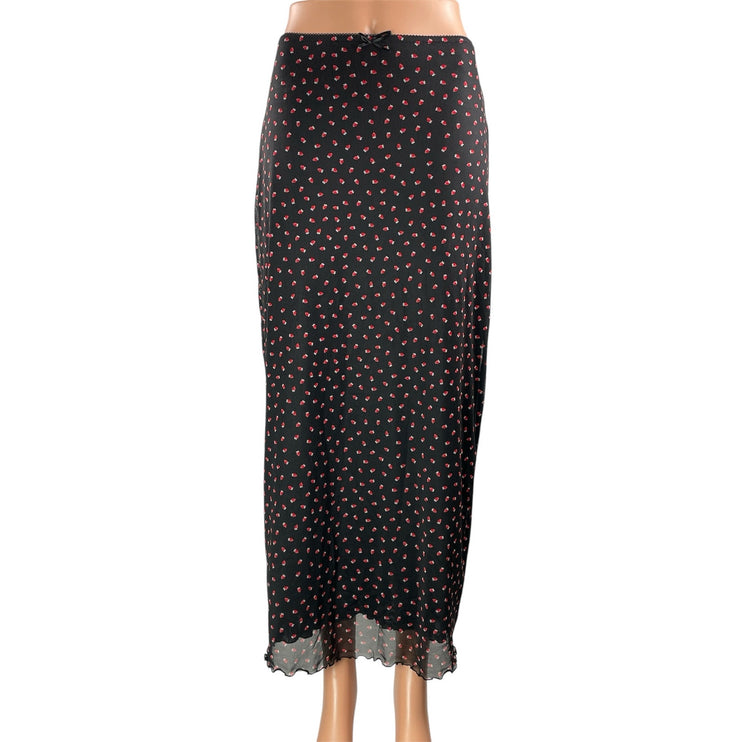ACW Women's Black Strawberry High Waisted Straight Full Midi Slip Skirt Size S