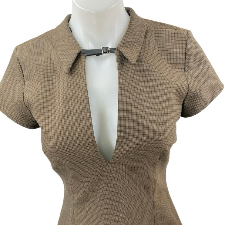Zara Tan Short Sleeve Buckle Strap Pocket Collared Plunge V Neck Mini Dress XS