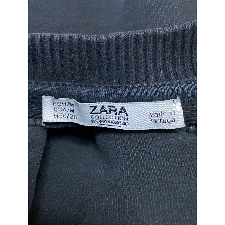 Zara Women's Black Long Sleeve Crew Neck Knit Boxy Ruffle Sweatshirt Top Size M