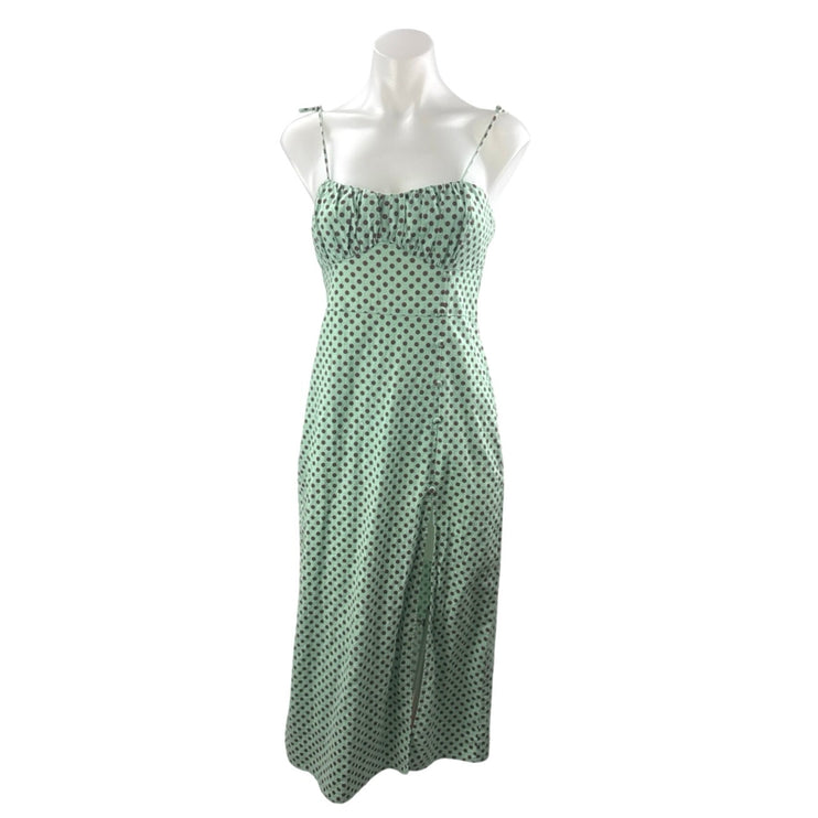 Zara Women's Green Linen Polka Dot Slit Bustier Midi Cami Tank A-Line Dress Sz S