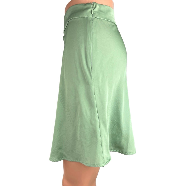 Free People Green High Waisted Flowy Side Zip Lightweight Satin Slip Skirt Sz 4