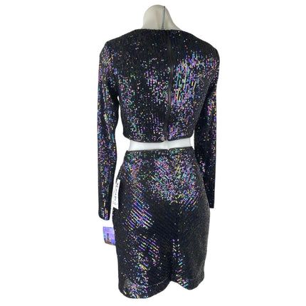 NEW Morgan & Co. Black Sequin Long Sleeve Crop Top Pencil Mini Skirt 2 Pc Set 1