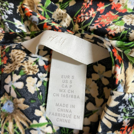 H&M Women's Satin Floral Crew Neck Keyhole Back Long Sleeve Crop Blouse Top Sz S