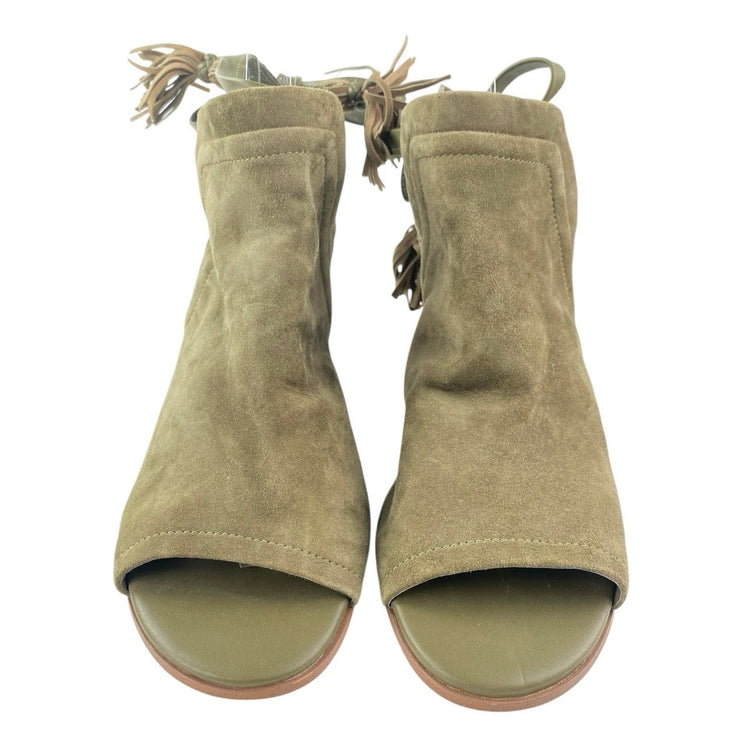 Sam Edelman Sampson Green Suede Tassel Ankle Tie Peep Toe Heeled Mule Sandals 8