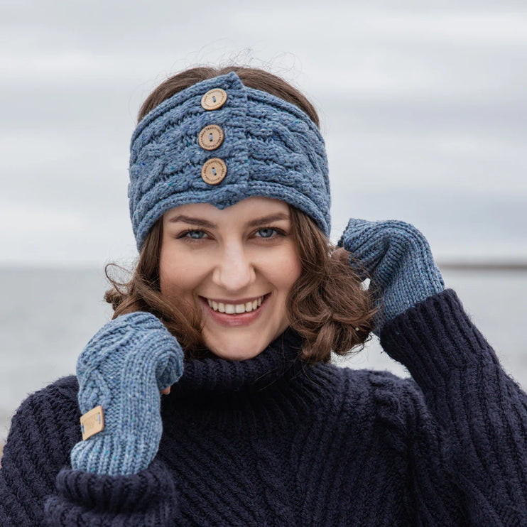 Aran Sweater Market Ireland Blue 100% Wool Cable Knit Button Fluffy Headband