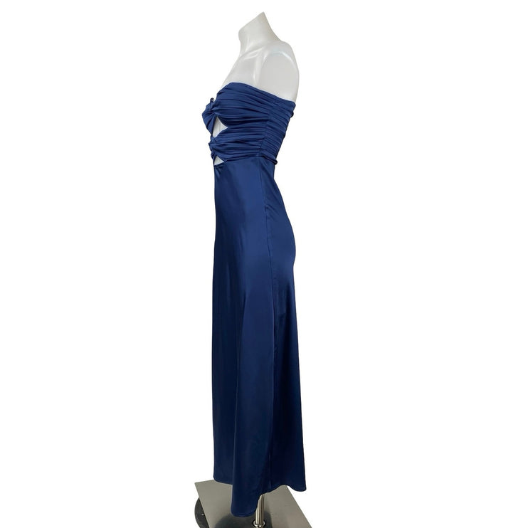Runaway Blue Silk Satin Strapless Bandeau Bustier Cutout Maxi Dress Size XS