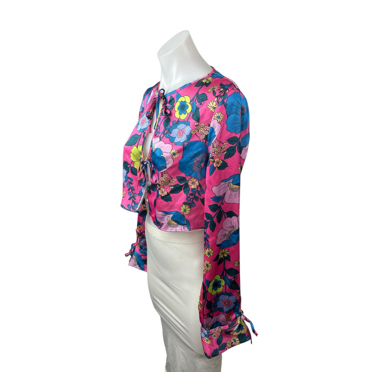 Zara Women's Pink Floral Cutout Keyhole Tie Long Sleeve Blouse Crop Top Size S