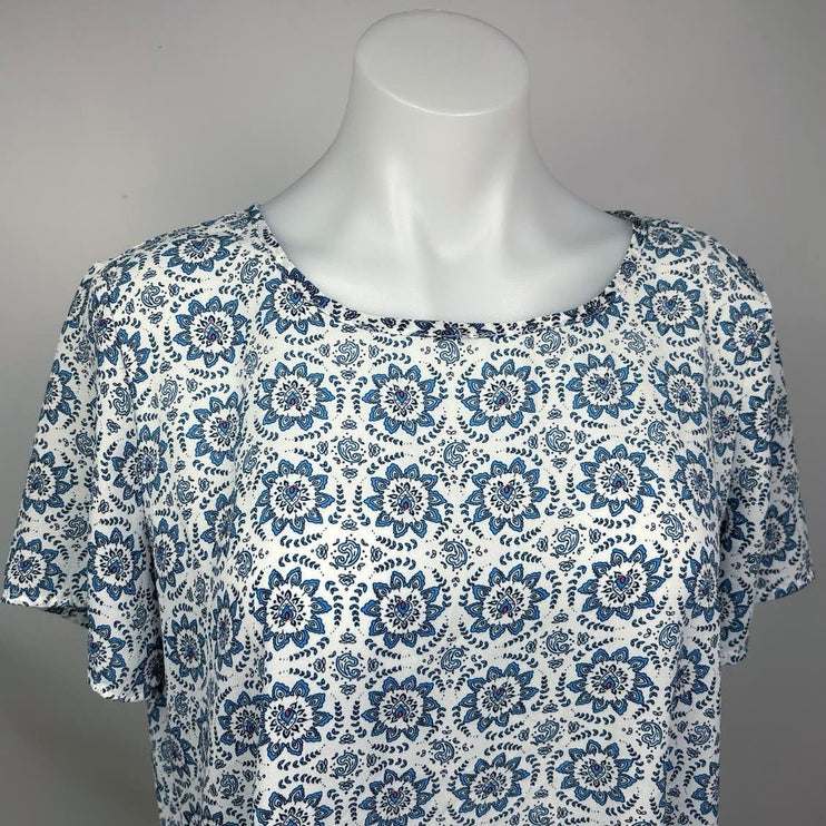 Premise White Blue Paisley Floral Print Crew neck Short Sleeve Blouse Top Size L