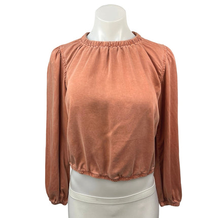 Bella Dahl Brown Suede Balloon Long Sleeve Crew Neck Pullover Crop Top Blouse XS