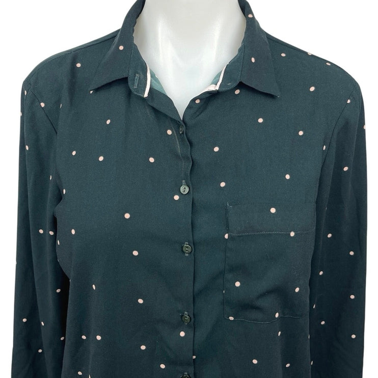 Zara Green Polka Button Down Collar Long Sleeve Cutout Back Shirt Blouse Top S