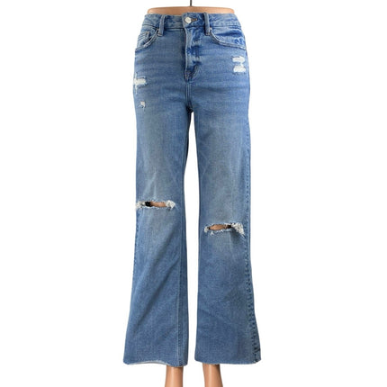 Mica Dehours Stretch Super High Rise Blue Distressed Wide Leg Denim Jeans Sz 24