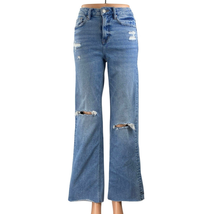 Mica Dehours Stretch Super High Rise Blue Distressed Wide Leg Denim Jeans Sz 24