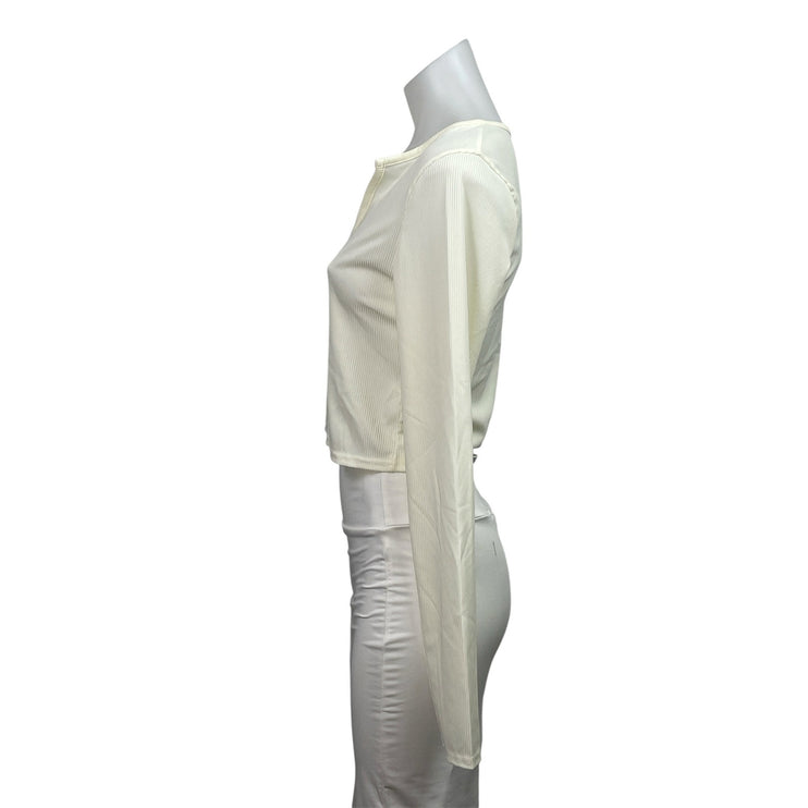 MISSGUIDED Women's Cream Ribbed Knit Long Sleeve V-neck Blouse Crop Top Sz 8T
