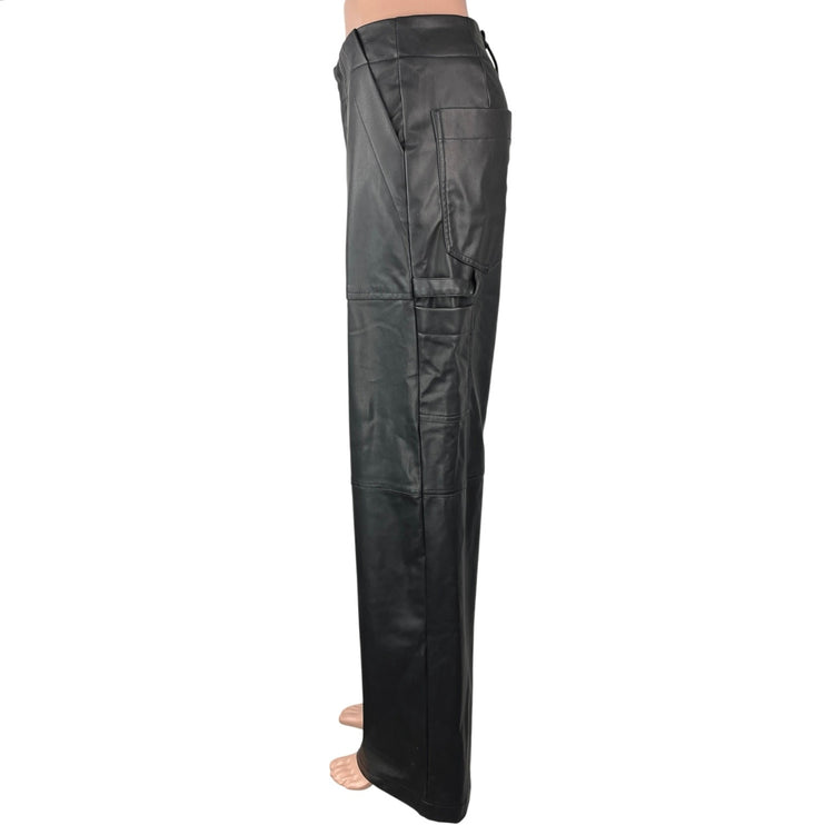 Zara Women's Black Faux Vegan Leather Straight Wide Leg High Waist Pants Size XS