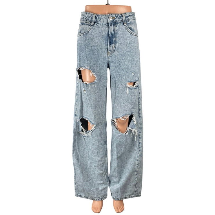 Zara Distressed Destroyed High Rise Baggy Palazzo Wide Leg Denim Jeans Pants 2