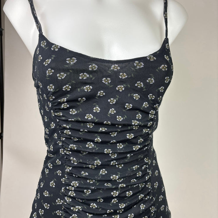 Daisy Street Black Floral Print Spaghetti Strap Ruched Mesh Bodycon Dress Sz XS