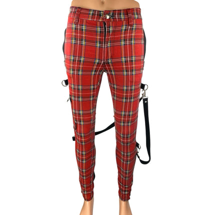 Tripp NYC Chaos Bondage Red Plaid Zipper Straps Skinny Trousers Pants Size 26