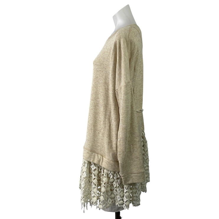 Free People Shake It Cream Crochet Lace Hem Beach Pullover Sweater Tunic Top M/L
