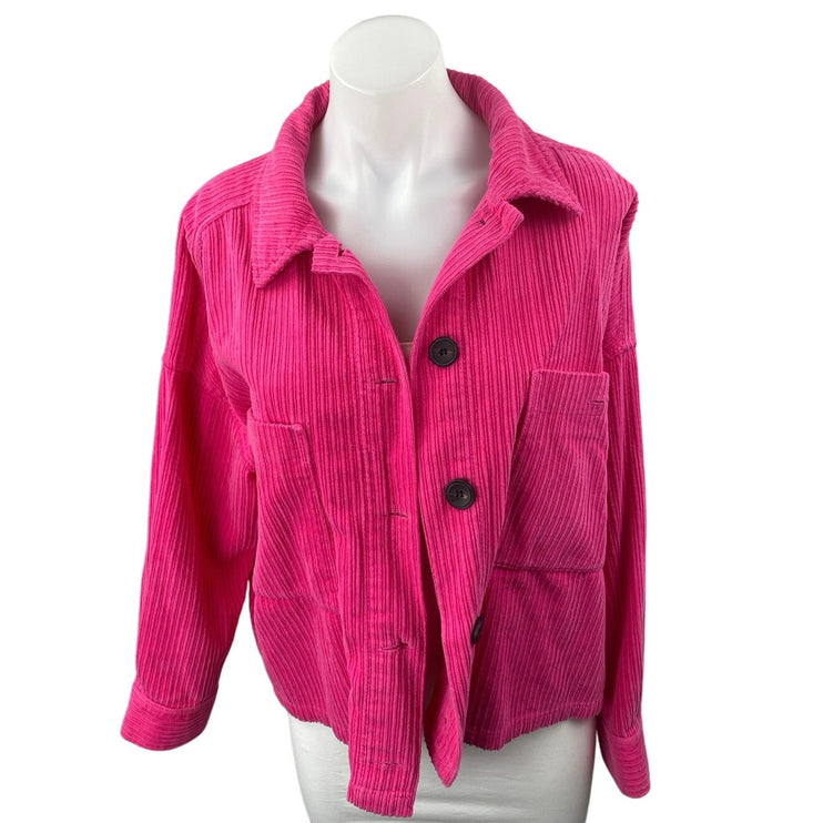 Zara Pink Corduroy Velvet Velour Button Collar Pockets Long Sleeve Coat Jacket L