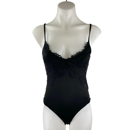 ZARA Black Lace Sleeveless V Neck Cami Camisole One Piece Bodysuit Tank Top Sz M