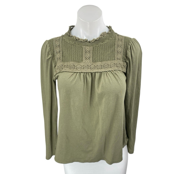 Ann Taylor LOFT Women's Green Long Sleeve Floral Lace Mock Neck Blouse Top Sz S