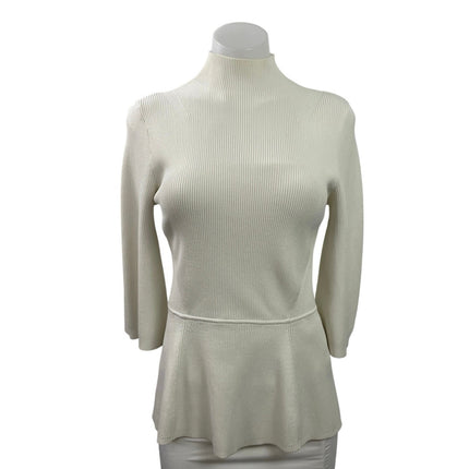 L.K. Bennett White Mock Neck Ribbed Knit 3/4 Sleeve Peplum Sweater Top Size S