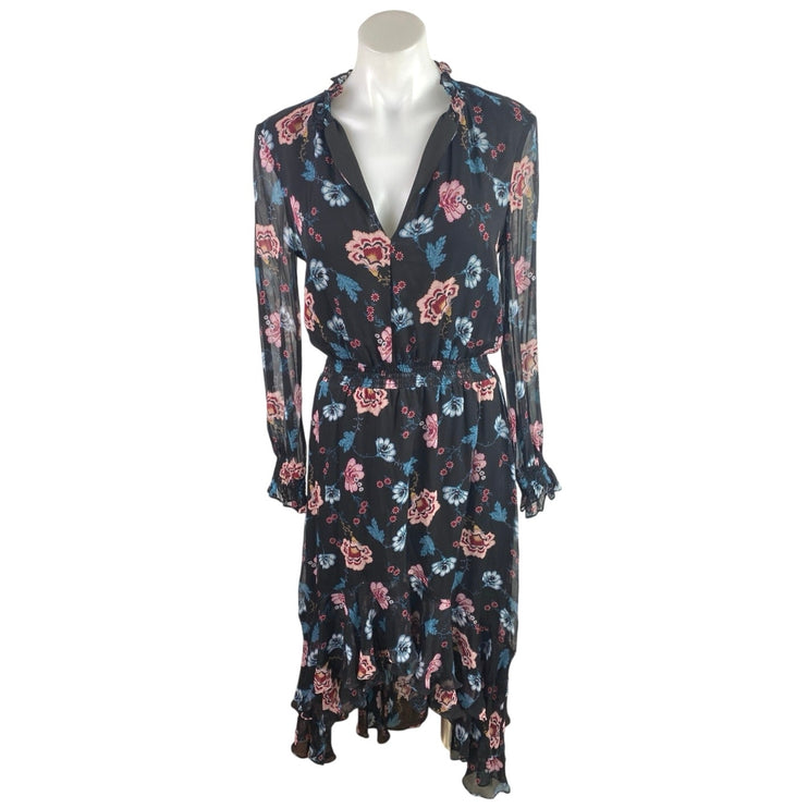 Intermix Vera 100% Silk Black Floral Long Sleeve V-Neck Midi High Low Dress Sz 0