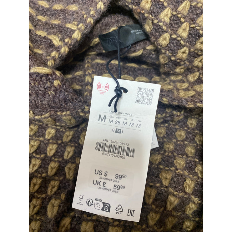 NEW Zara Brown Yellow Crochet Knit Long Sleeve Button Up Sweater Top Size S