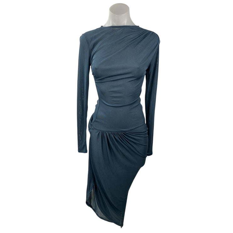 NEW Zara Asymmetric Knot Women's Drape Ruched Long Sleeve Midi Bodycon Dress XS