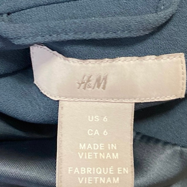 H&M Women's Blue Green Open Front Ruched 3/4 Sleeve Blazer Coat Jacket Size 6