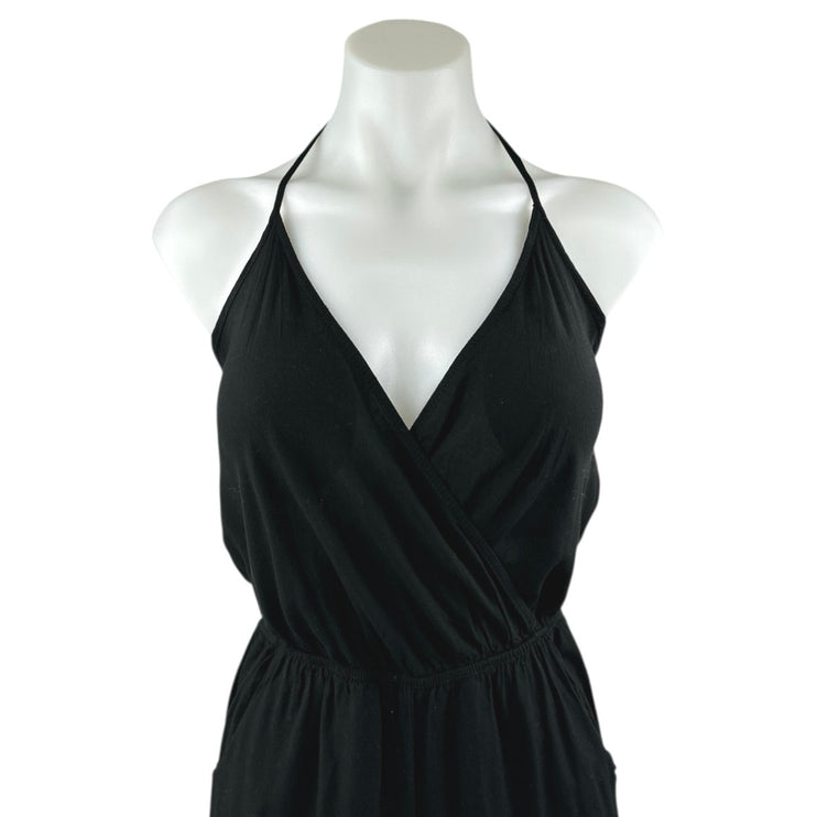 Lulus Learning to Fly Black Halter Sleeveless V Neck Faux Wrap Jumpsuit Size S