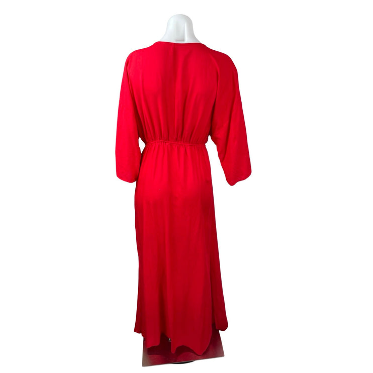 By Anthropologie Red Long Sleeve Wrap Tie Cutout V Neck A Line Maxi Dress Sz XS