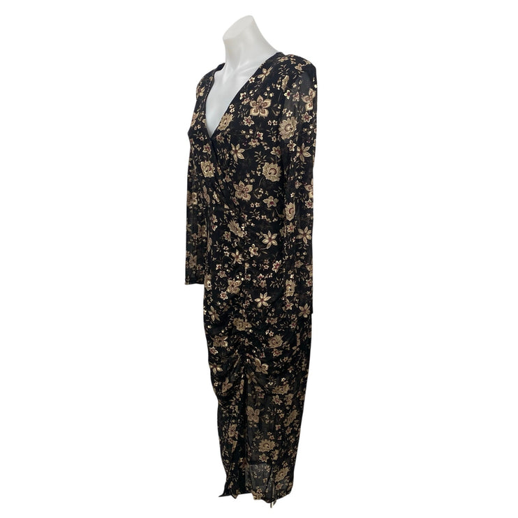 Dress Forum Black Beige Floral Long Sleeve Faux Wrap Surplice Midi Dress Size L