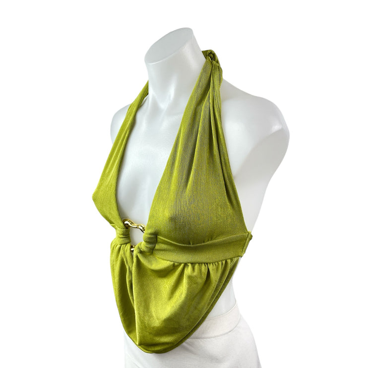 NEW Soly Hux Green Ribbed Knit Halter Plunge Ring Backless Blouse Top Size XS