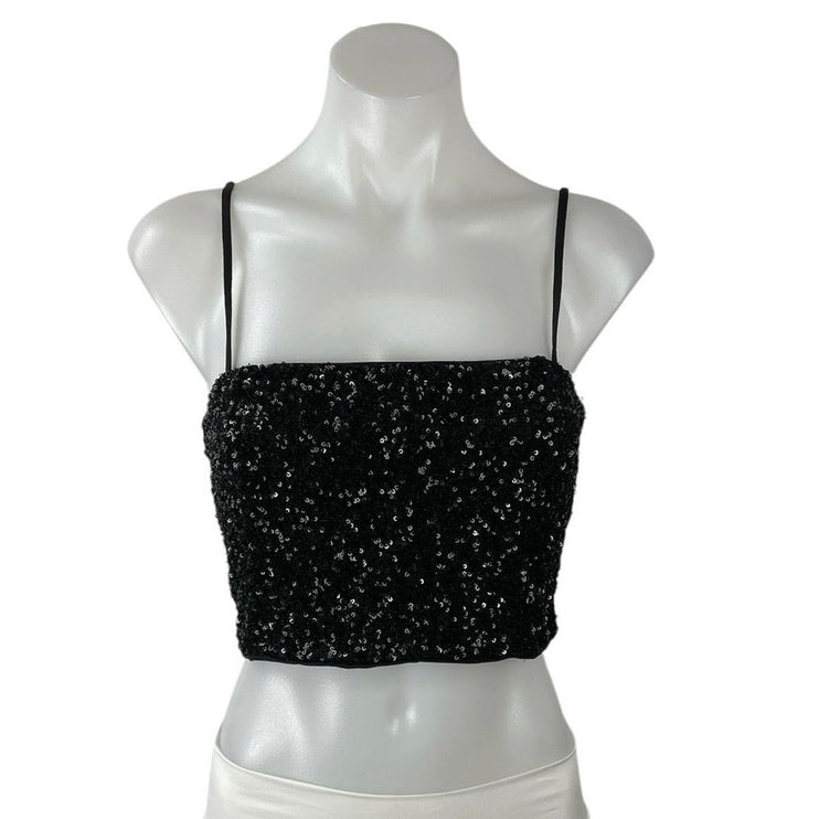 Express Black Sequin Sparkly Square Neck Sleeveless Cami Tank Crop Top Size S