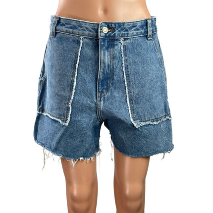 Zara Women's Blue Denim Distressed Frayed Raw Hem Patch Pocket Jean Shorts Sz 6