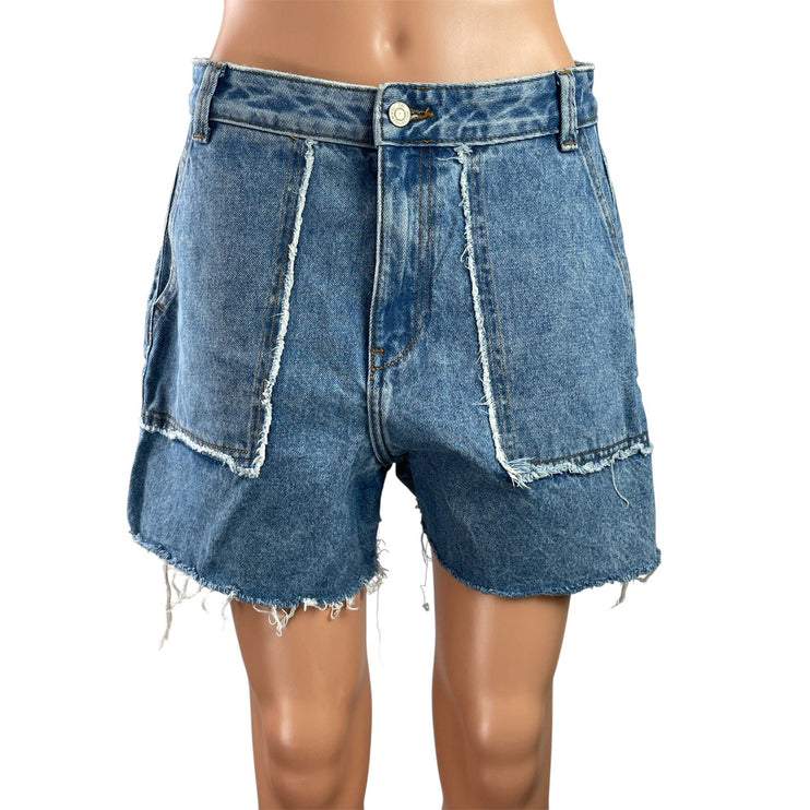 Zara Women's Blue Denim Distressed Frayed Raw Hem Patch Pocket Jean Shorts Sz 6