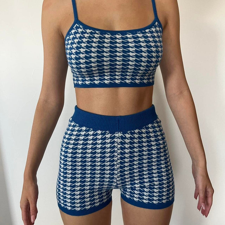 Princess Polly Blue Houndstooth Gingham High Waist Knit Biker Shorts Size S/M