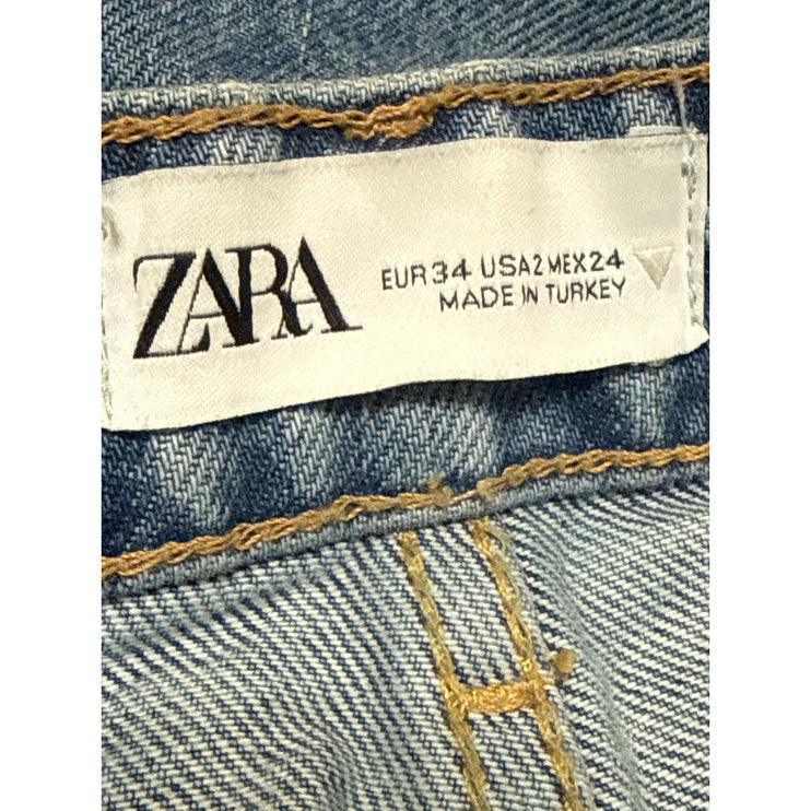 Zara Womens Blue Ripped Distressed Straight Palazzo Wide Leg Denim Jeans Pants 2