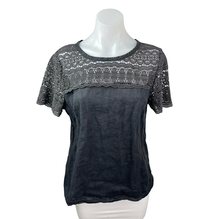 J.Crew Black 100% Linen Lace Crochet Short Sleeve Round Neck Blouse Top Size 6