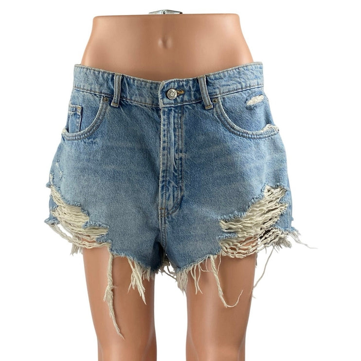 Zara Women's Blue Distressed High Rise Ripped Cut Off Denim Jean Shorts Size 10