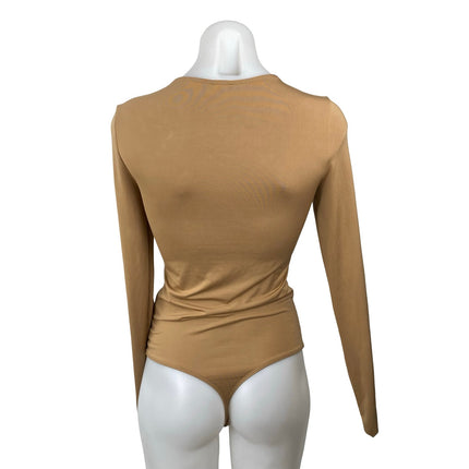 Express Women's Tan Long Sleeve Scoop Neck Thong T Shirt Bodysuit Top Size S