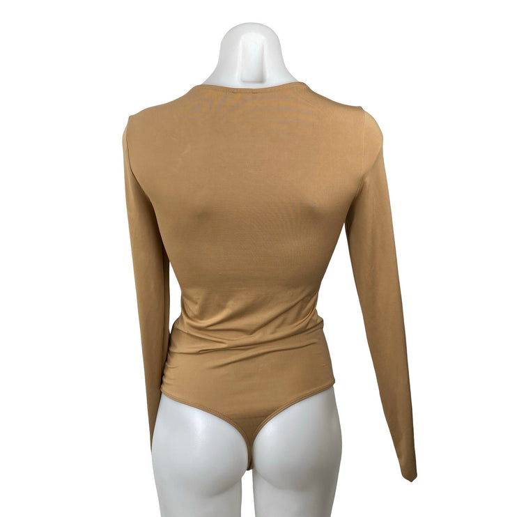 Express Women's Tan Long Sleeve Scoop Neck Thong T Shirt Bodysuit Top Size S