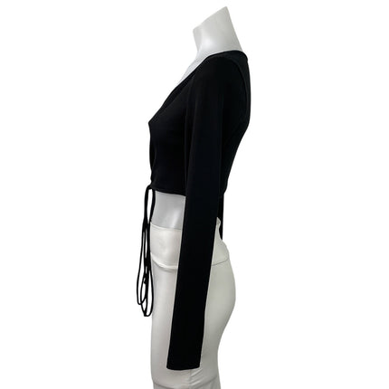 Princess Polly Womens Black Ribbed Knit V Neck Long Sleeve Ruched Tie Crop Top 6