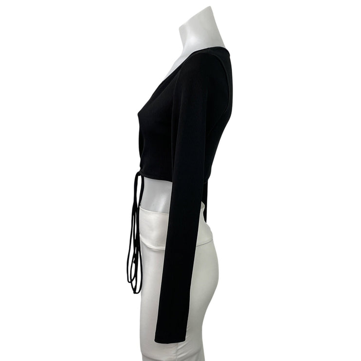 Princess Polly Womens Black Ribbed Knit V Neck Long Sleeve Ruched Tie Crop Top 6
