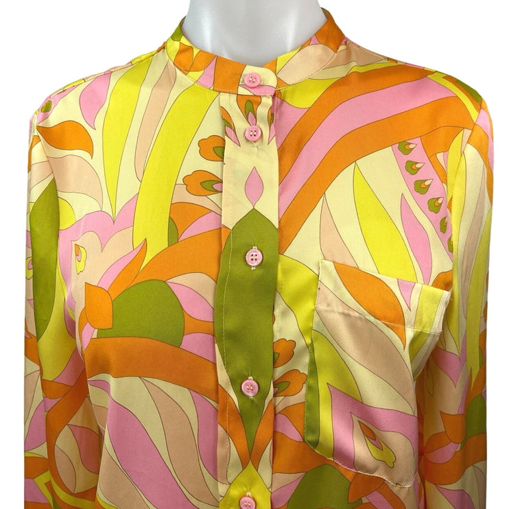 Zara Yellow Orange Silk Satin Abstract Long Sleeve Button Down Shirt Top Size S