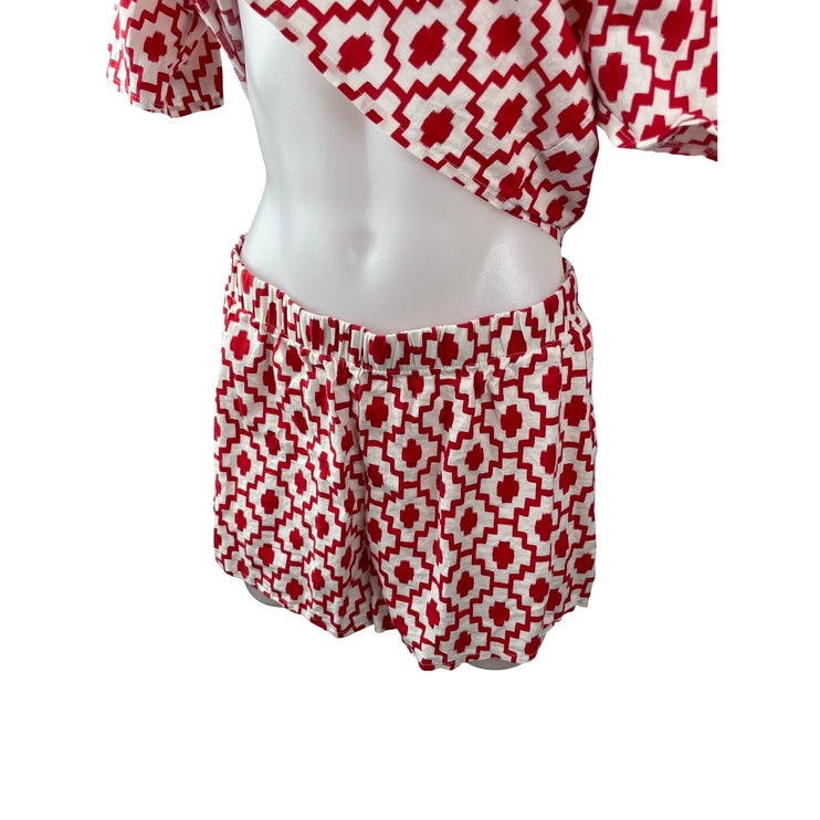 Shade & Shore Red Geometric Ikat Button Up Top Wide Leg Short Pajama Set Size S