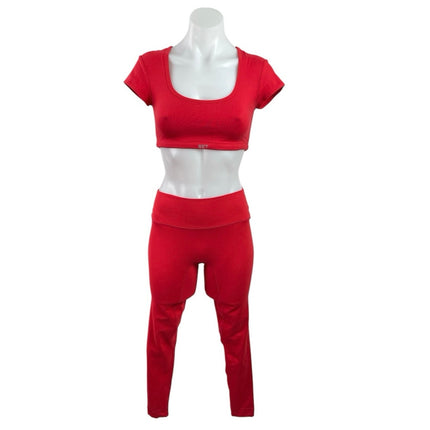Set Active Red Short Sleeve Scoop Neck Crop Top Leggings Athletic Set Size S