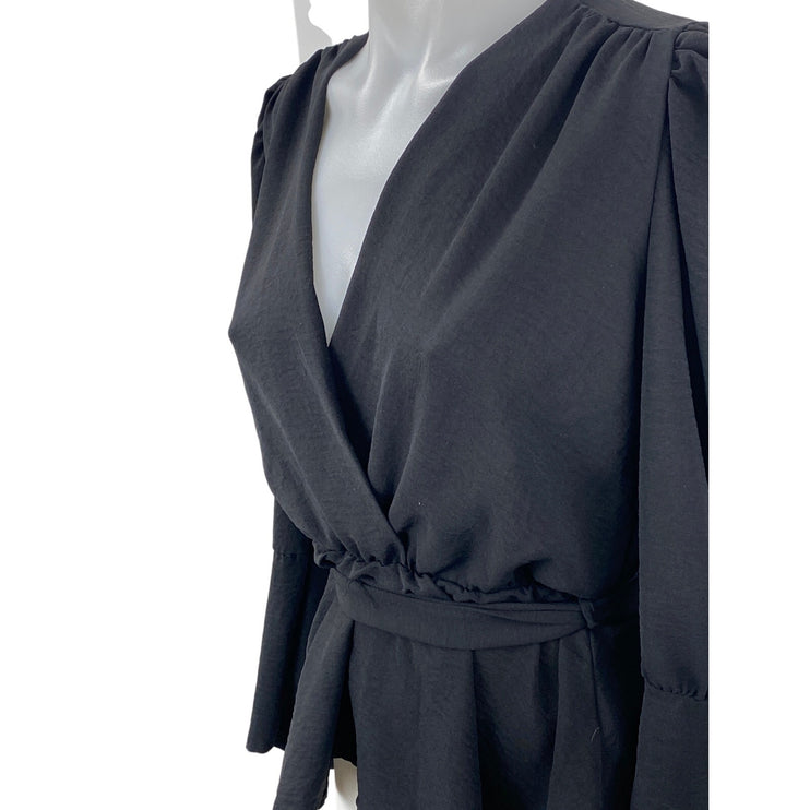 Boohoo Women's Black Long Puff Sleeve V Neck Faux Wrap Peplum Blouse Top Size S