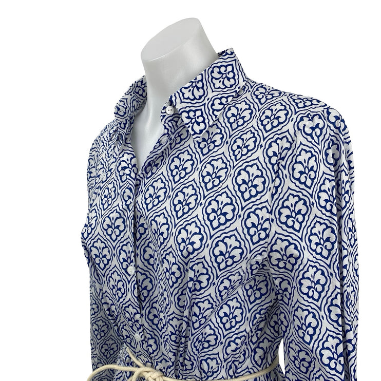 Zara Women's Geometric Long Sleeve Button Up Rope Belt Mini A-Line Shirt Dress S